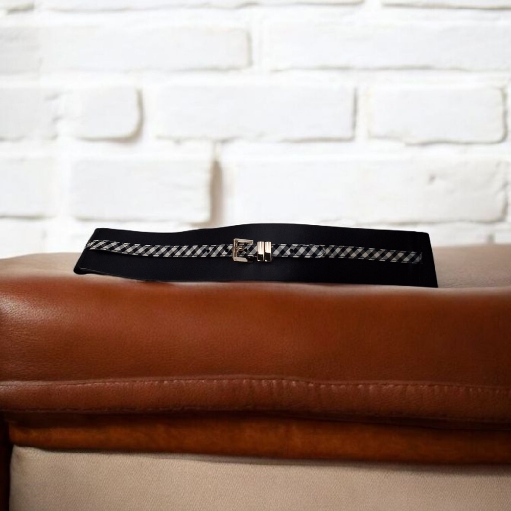 Gingham And Black Leather Fashion Belt - Size M